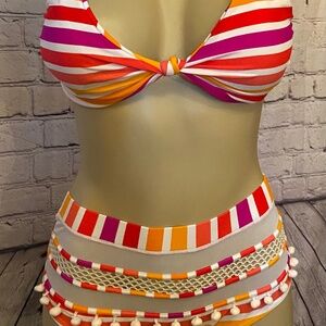 Bright Stripes Pom Pom Bikini, 👙, Size Small, Oranges and Pink Hues